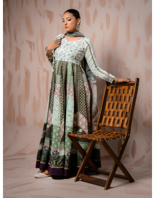 Sage Green Heritage Premium Lawn 3 Piece Frock Set