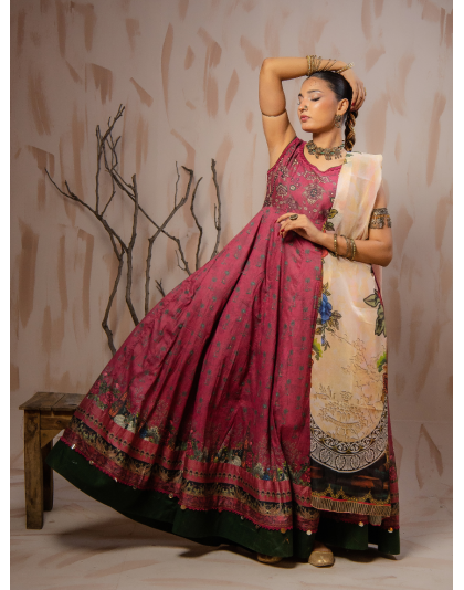 Mahroon Heritage Premium Lawn 3 Piece Frock Set