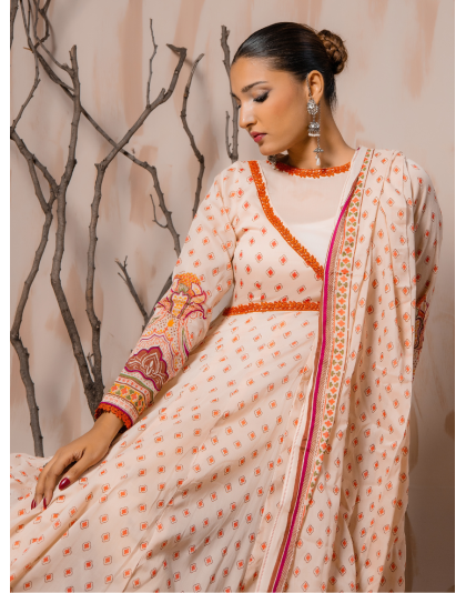 Peach Heritage Premium Lawn 3 Piece Frock Set