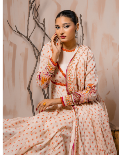 Peach Heritage Premium Lawn 3 Piece Frock Set