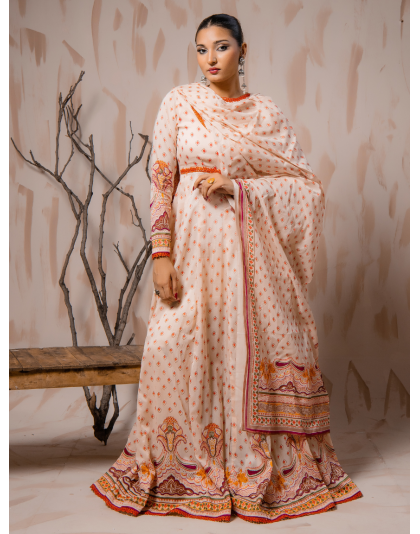 Peach Heritage Premium Lawn 3 Piece Frock Set