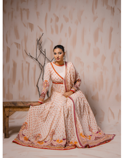 Peach Heritage Premium Lawn 3 Piece Frock Set